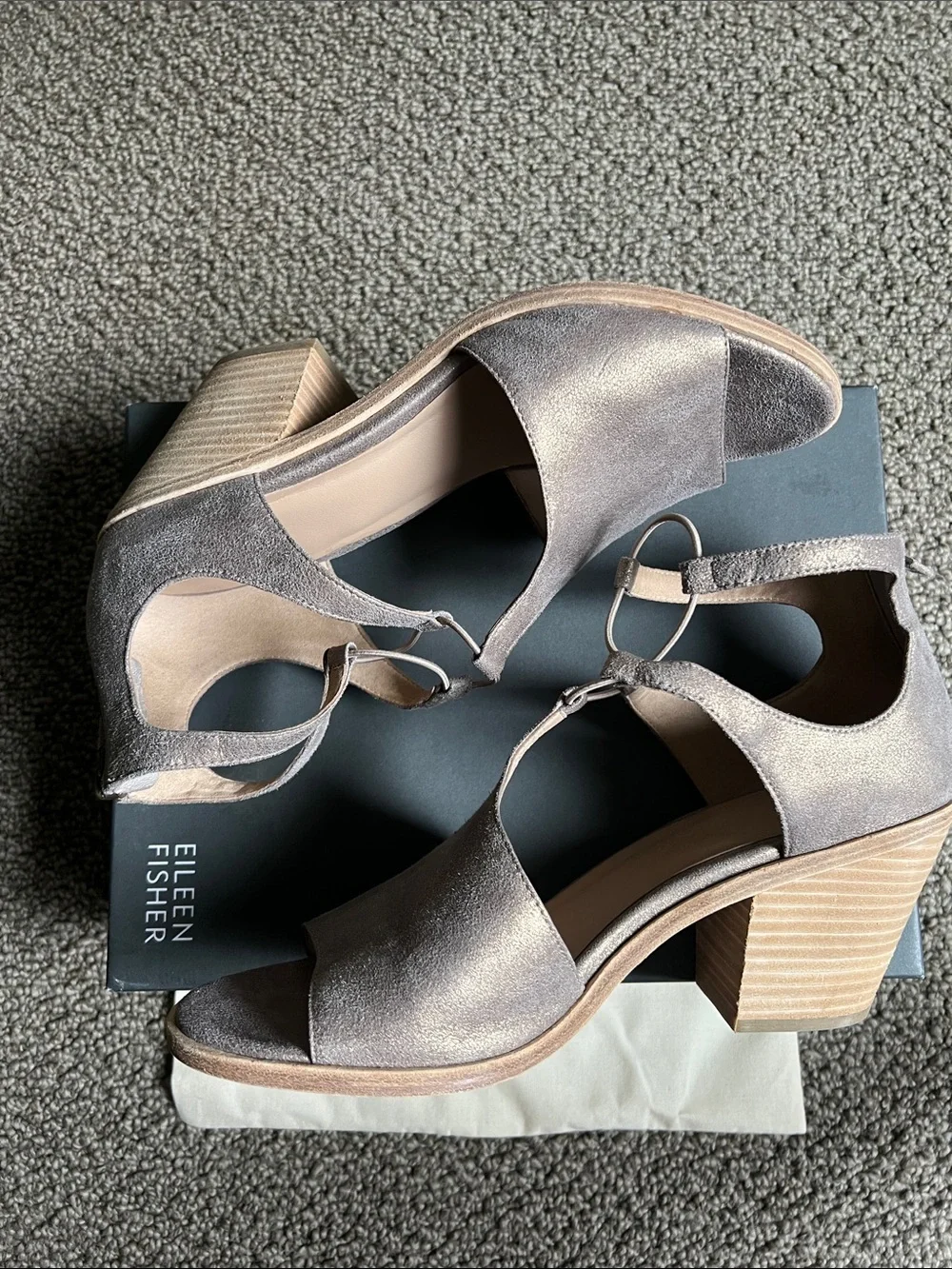 Eileen Fisher Gray Metallic Suede Block Heel Sandals